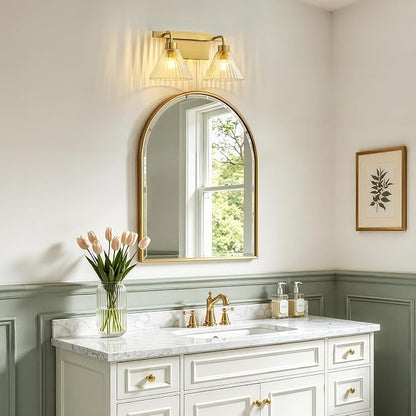 AIJIASI Bathroom Light Fixtures 2-Light Brushed Gold Vanity Lights 16 Inch Bathroom Lighting Fixtures Over Mirror with Ribbed Glass Shade Modern Wall Sconces for Living Room Hallway