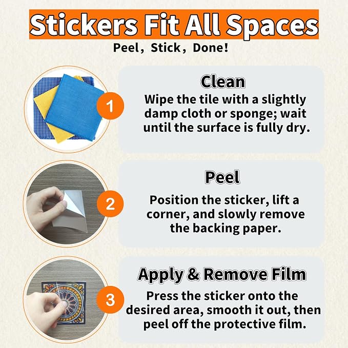 24 PCS Peel and Stick PVC Tile Stickers Waterproof Removable | for Kitchen Bathroom Backsplash, Waterproof Self-Adhesive Removable Decals, Easy DIY Decor, Smooth Surfaces, 3.94x3.94in