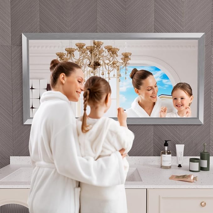 Bathroom Mirror for Wall, 60x30 Inch (Brushed Silver) | HD Reflection, Tempered Glass, Thick Metal Framed Rectangle Mirrors for Over Sink, Bedroom, Living Room, Entryway, Anti-Rust