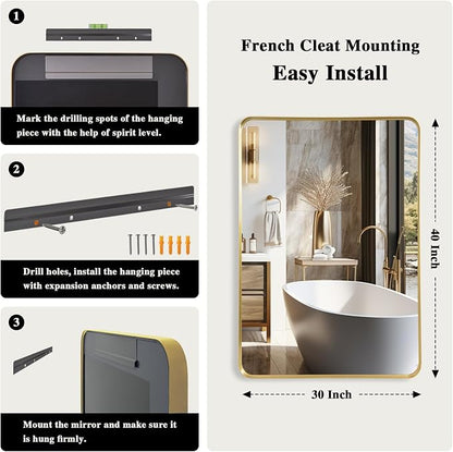 Anpark Wall Mirror 30" x 40" for Bathroom Gold Metal Deep Frame Rectangular Round Corner Wall Mounted Vanity Mirror for Bedroom Living Room Entryway Wall Decor