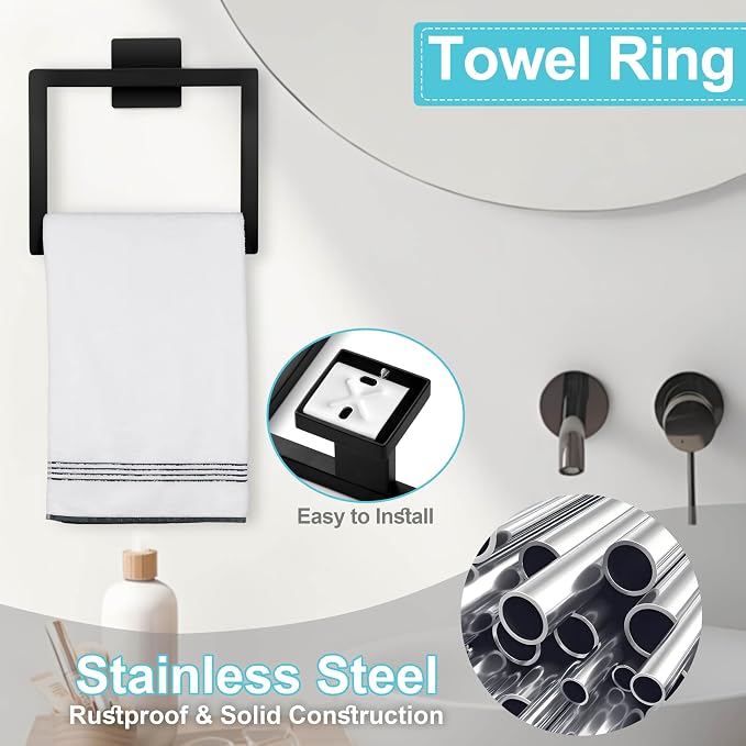 Herogo Matte Black Bathroom Hardware Set 5 Pieces, 16 Inch Bathroom Accessories Bath Towel Bars Set, Including Stainless Steel Toilet Paper Holder, Hand Towel Holder Racks, Hooks & Ring, Wall Mounted