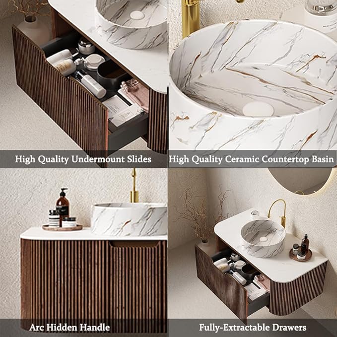 30'' Bathroom Vanities Cabinet with Sink Combo, Wall Mounted Floating Cabinet W/Curved Edges Stripes, Oak Plywood, Soft-close System with a Drawer, White Round Ceramic Basin - Kiel, Dark Walnut/S