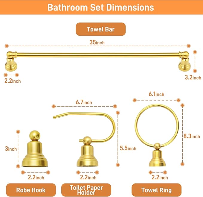 hykolity 3-Light Vanity Light Fixture, 5-Piece All-in-One Bathroom Set with Towel Bar, Ring, Robe Hook & Toilet Paper Holder for Bathroom Mirror Lighting, Gold Wall Light with Glass Shade