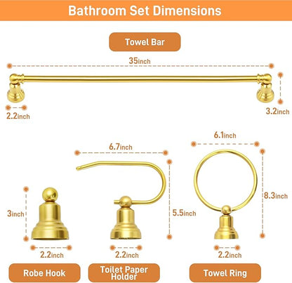 hykolity 3-Light Vanity Light Fixture, 5-Piece All-in-One Bathroom Set with Towel Bar, Ring, Robe Hook & Toilet Paper Holder for Bathroom Mirror Lighting, Gold Wall Light with Glass Shade