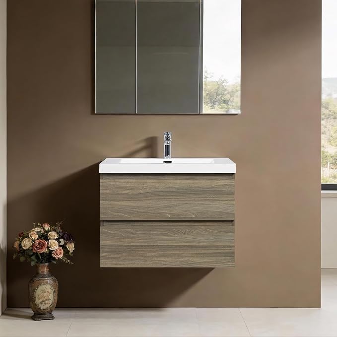 Floating Vanity Bathroom, 30 Inch Bathroom Vanity with Sink, Wall Mounted Single Sink Bathroom Vanity, Soft Closed 2 Drawers, Integrated Sink (Ash Grey)