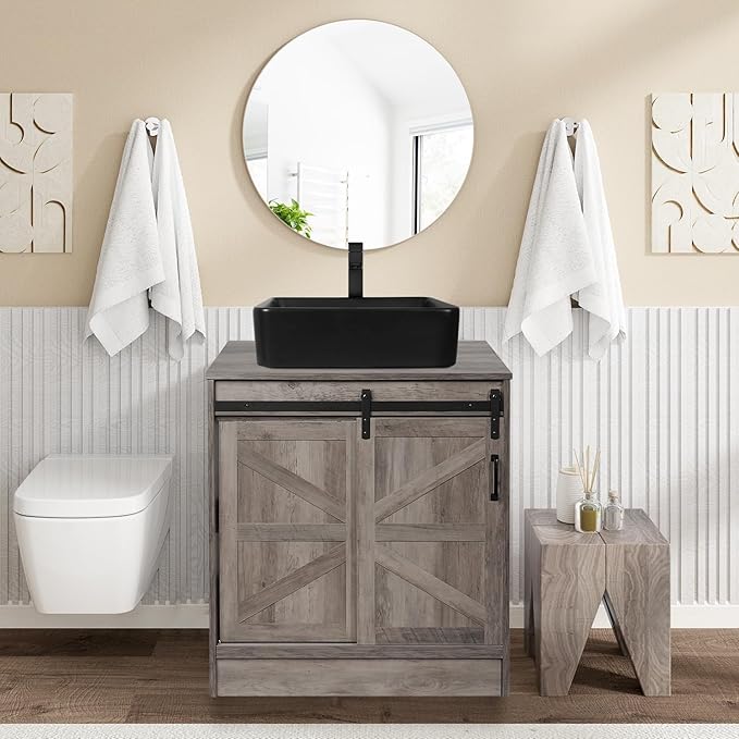 30" Barn Door Bathroom Vanity, Farmhouse Style Standing Pedestal Cabinet with Black Ceramic Vessel Sink