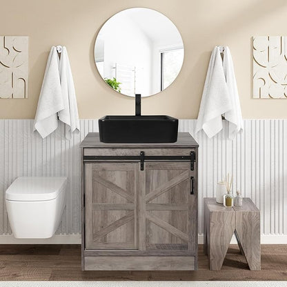 30" Barn Door Bathroom Vanity, Farmhouse Style Standing Pedestal Cabinet with Black Ceramic Vessel Sink