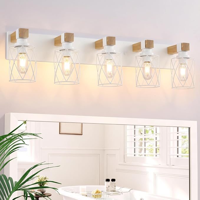 Farmhouse 5-Light Wood Bathroom Vanity Light, White Metal Cage Shade | Mounted Over Mirror, Industrial Rustic Style, Ideal for Bathroom, Bedroom, Hallway & Living Room, Easy To Install