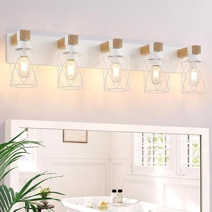 Farmhouse 5-Light Wood Bathroom Vanity Light, White Metal Cage Shade | Mounted Over Mirror, Industrial Rustic Style, Ideal for Bathroom, Bedroom, Hallway & Living Room, Easy To Install