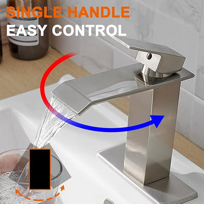 Brushed Nickel Waterfall Bathroom Faucet 1 Hole Deck Mount, Single Handle Bathroom Sink Faucet Modern Lavatory Single Hole Vanity Mixer Tap Commercial with Pop Up Drain