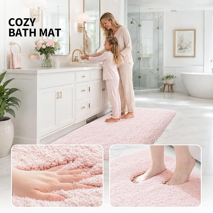 ILANGO Pink Toilet Rugs U Shaped 22" × 24" Non Slip & Super Absorbent Extra Thick Soft, Washable Bath Mats for Bathroom Floor, Microfiber Plush Shaggy Contour Bath Rugs for Toilet,Dry Quick