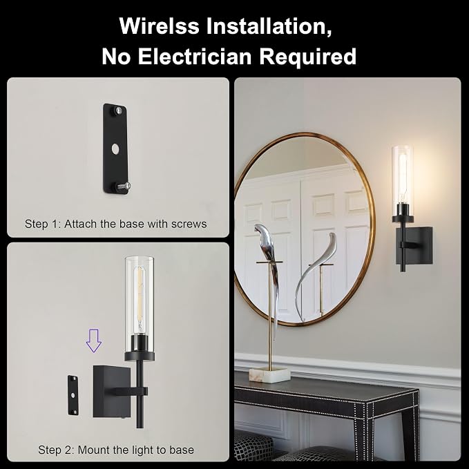 Black Wireless Wall Sconces with Remote Control, Battery Operated Wall Sconce Set of 2, Rechargeable Dimmable Wall Lights for Bedroom Living Room Bathroom Hallway Entryway Stairwell, 3000K