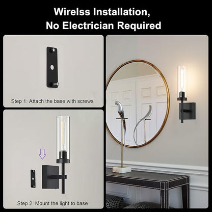 Black Wireless Wall Sconces with Remote Control, Battery Operated Wall Sconce Set of 2, Rechargeable Dimmable Wall Lights for Bedroom Living Room Bathroom Hallway Entryway Stairwell, 3000K