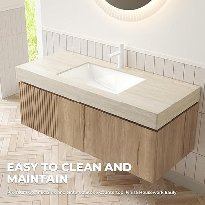 LKTART Floating 48 Inch Bathroom Vanity with Sink, Modern Plywood Wall Mounted Bathroom Storage Cabinet with 2 Doors and 1 Drawer, Roma Travertine-Pattern Sintered Stone Countertop and Ceramic Basins