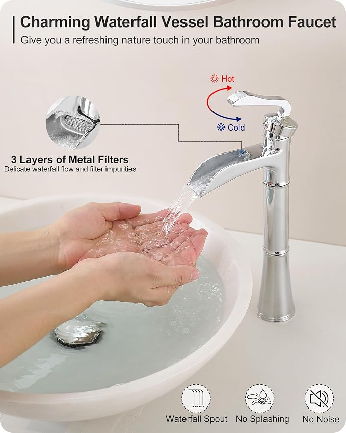Brass Vessel Faucet, Waterfall Chrome Bathroom Faucet, Single Hole Tall Bathroom Faucets for Vessel Sinks, Single Handle Bathroom Sink Faucets with Pop-Up Drain & Supply Water Hoses, No Leaks