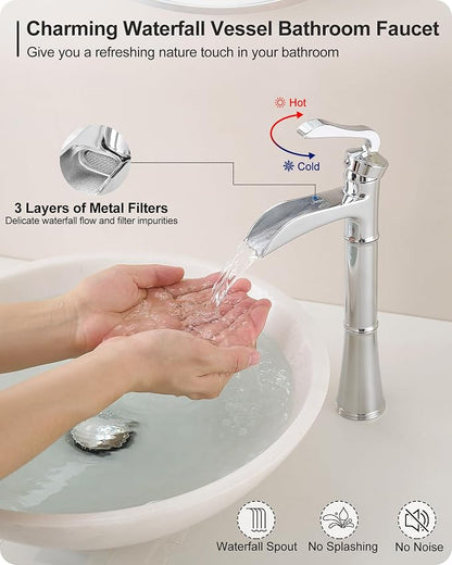 Brass Vessel Faucet, Waterfall Chrome Bathroom Faucet, Single Hole Tall Bathroom Faucets for Vessel Sinks, Single Handle Bathroom Sink Faucets with Pop-Up Drain & Supply Water Hoses, No Leaks