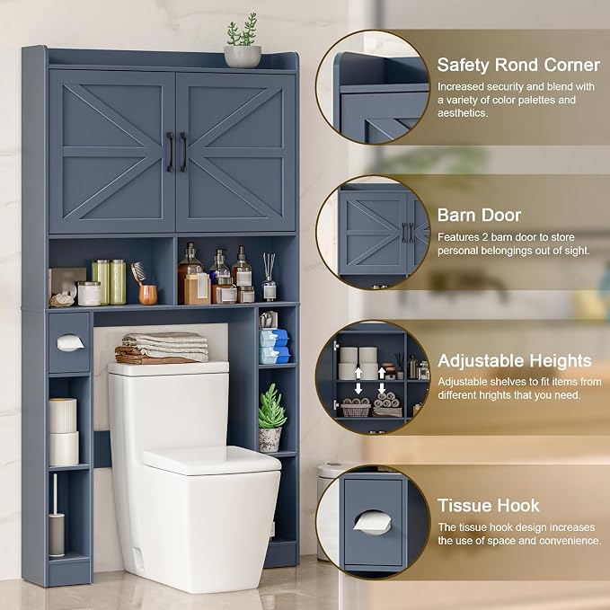 Vabches Over The Toilet Storage Cabinet with Barn Doors, Blue | Toilet Cabinet Rack, Space Saving Bathroom Organizer with Shelves, Toilet Paper Holder and Towel Rack for Bathroom,Laundry.