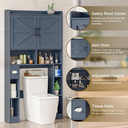 Vabches Over The Toilet Storage Cabinet with Barn Doors, Blue | Toilet Cabinet Rack, Space Saving Bathroom Organizer with Shelves, Toilet Paper Holder and Towel Rack for Bathroom,Laundry.
