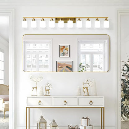 Gold Bathroom Vanity Light,10-Light Brushed Gold Bathroom Light Fixtures with Square Frosted Glass,64.5in Wall Lamp Sconces for Mirror Bedroom,Living Room Hallway,E26