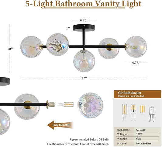 Black Bathroom Vanity Light Fixtures: Modern Wall Scones With Stained Glass Shades - Globe Makeup Lighting Fixture over Mirror - Brass Ball Powder Room Vanities Lights for Bathroom Bulbs not Included