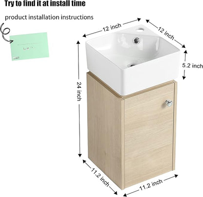 12" Bathroom Vanity with Sink, 12 Inch Floating Bathroom Vanity for Small Space, Modern Bathroom Vanity, White Wall Mounted Cabinet Set（045）