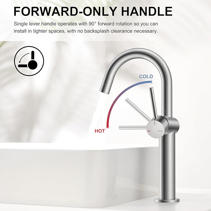 KENES Brushed Nickel Vessel Sink Faucet, Single Handle Tall Bathroom Faucet Single Hole, Modern Bathroom Vanity Faucet with Pop Up Drain and Supply Lines, KE-9005C