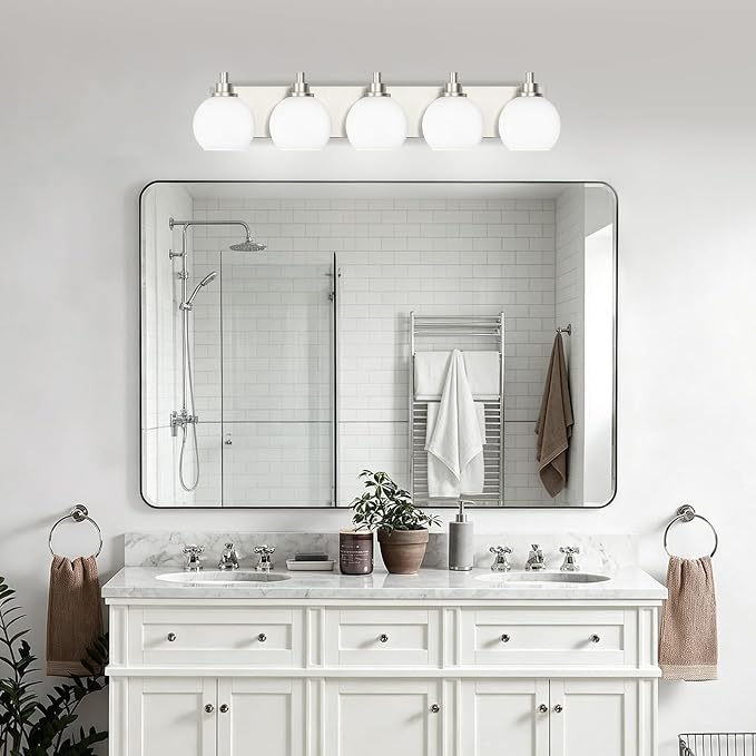 IZORRO Bathroom Light Fixtures, 5-Light Brushed Nickel Vanity Light, Modern Wall Sconces with Globe Milk White Glass Shade, Vanity Lighting Fixtures Over Mirror,E26 Bulb Socket