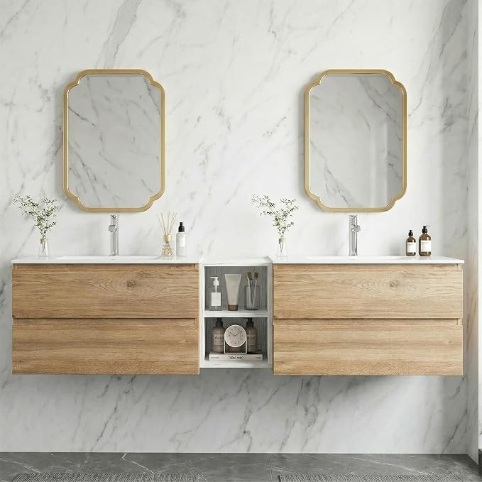 72" Modern Floating Double Sink Bathroom Vanity, Wall Mounted Bathroom Cabinet with U-Shaped Drawers, Beveled Invisible Handles Open Side Shelf, FSC Certified Wood Veneer (White, 72 lnch)