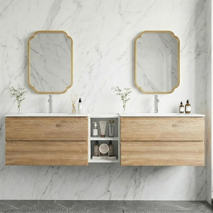 72" Modern Floating Double Sink Bathroom Vanity, Wall Mounted Bathroom Cabinet with U-Shaped Drawers, Beveled Invisible Handles Open Side Shelf, FSC Certified Wood Veneer (White, 72 lnch)