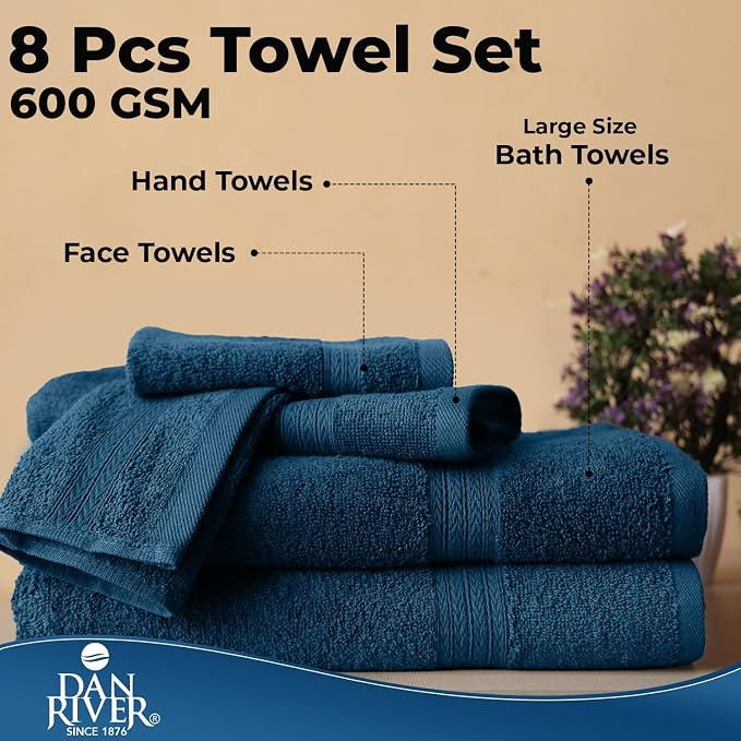 DAN RIVER 8 Piece Luxury Bath Towels for Bathroom, Towel Set, Blue Opal | 2 Bath towels, 2 Hand towels, and 4 Wash Cloths, 600 GSM 100% Ring Spun Cotton, Highly Absorbent, Gym, Hotel, guest, and Spa
