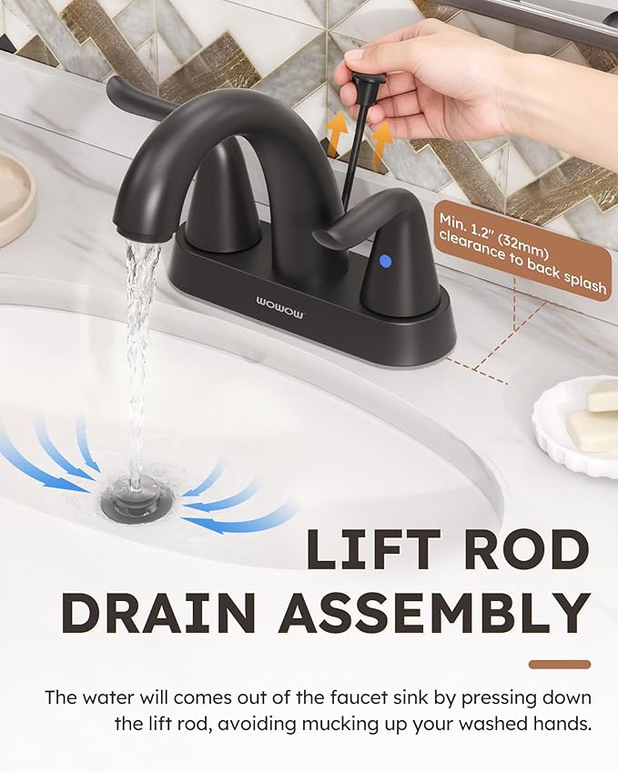 WOWOW Black Bathroom Faucet 2 Handle Bathroom Sink Faucet 4 inch Centerset Bathroom Faucets 3 Holes Lavatory Faucet with Lift Rod Drain Stopper Vanity Faucet Lead-Free Basin Mixer Tap Matte Black