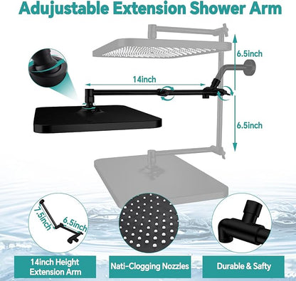 13" Rainfall Shower Head with Handheld Spray, Button Switch by Handheld | Waterfall Showerhead , 3-Modes Spray, Adjustable Extension Arm, 71 Inches Stainless Steel Hose(Matte Black)