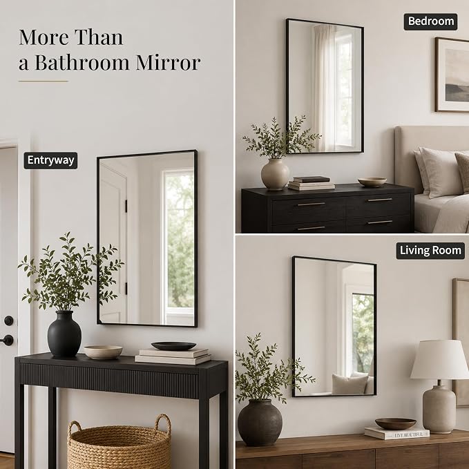 24x36 Matte Black Framed Rectangle Bathroom Vanity Wall Mirror | Over-Sink Vanity Mirror, Slim Metal Frame, Entryway or Dresser Use, Vertical/Horizontal Mount, Tempered Glass
