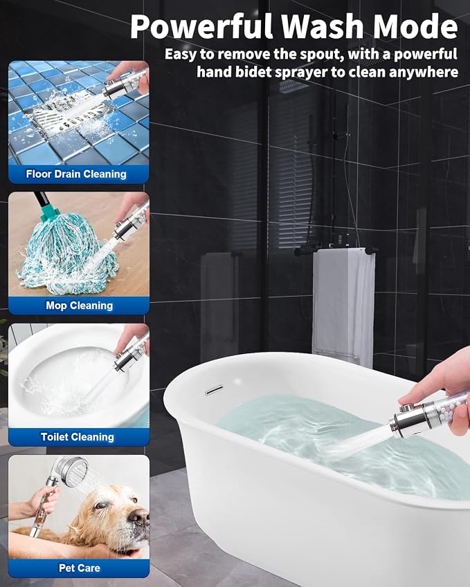 Filtered Shower Head for Hard Water with Stop, High Pressure | 4-Mode, Built-in Power Spray to Clean Corner, Tub & Pets, Water Softener Handheld Shower to Remove Chlorine & Fluoride