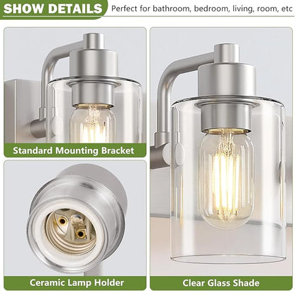 Brushed Nickel Bathroom Light Fixtures, Wall Mounted 4-Light Bathroom Lights Over Mirror with Clear Glass Shade,Wall Sconces for Kitchen Living Room Bedroom