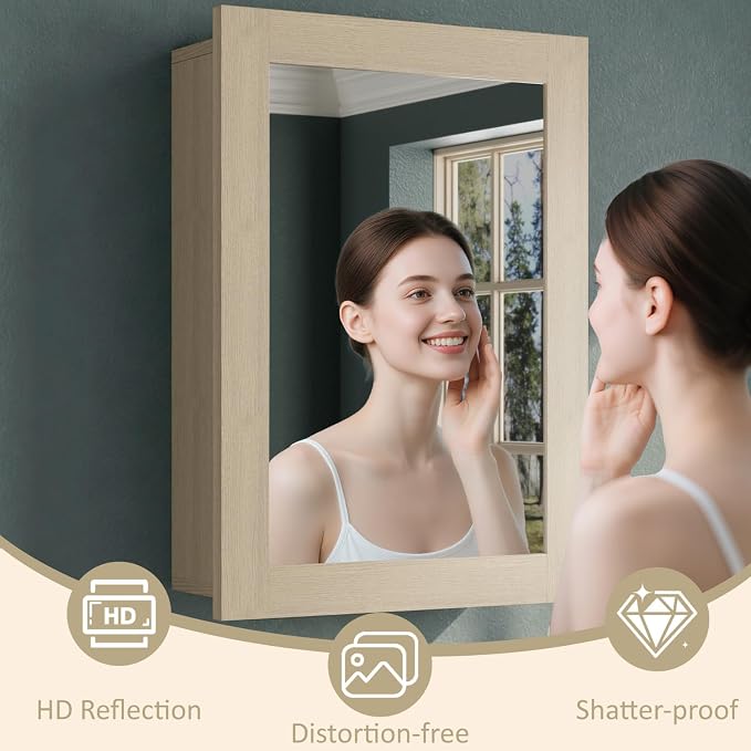 Buruis 20 x 28 Inch Bathroom Wood Medicine Cabinet Mirror, Oak Finish | Fully Assembled Design, Adjustable Glass Shelves, Soft-Close Hinges, Bathroom Storage Organizer, Left/Right Opening
