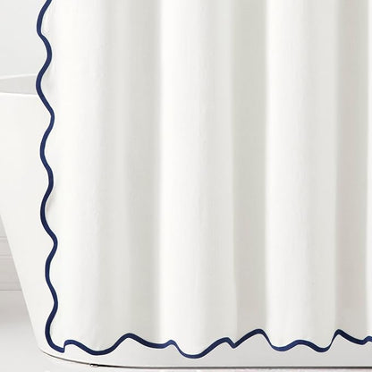 Lush Decor Coastal Chic Scallop Edge Linen-Textured Shower Curtain, Single 72" W x 72" L, Navy & White - Scalloped Shower Curtains - Coastal Bathroom Curtain