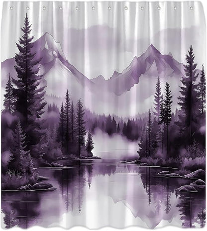 Purple Misty Forest Shower Curtain Mountain Foggy Pine Trees Landscape Watercolor Jungle Plant Rustic Nature Scenery Lake Fabric Bathroom Curtain Set with Hook