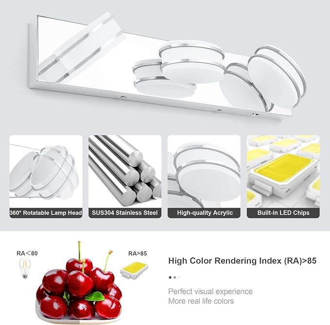 GOODATE 3 Color Temperature Dimmable Bathroom Light Fixtures Over Mirror, LED Chrome 3 Light Vanity Lighting Fixtures, Acrylic Stainless Steel Oval Shade Vanity Lights for Bathroom, ETL Certificated