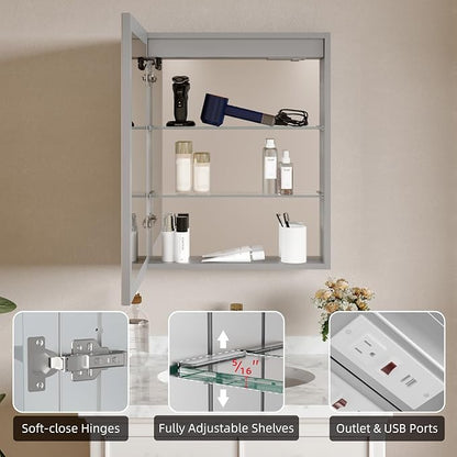 Buruis 16'' x 24'' Medicine Cabinet with Lights and Mirrors, Recessed or Wall Mounted Modern Bathroom Cabinet with 3-Mode Light, Anti-Fog, Dimmable, Memory Function, Outlet, Silver