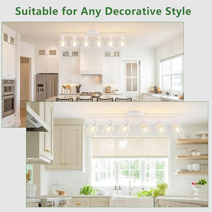 6-Lights White Semi Flush Mount Ceiling Light with Geometric Metal Cage, Modern Kitchen Track Lighting Fixtures Ceiling, Rotatable Close to Ceiling lamp for Entryway, Living Room, Hallway