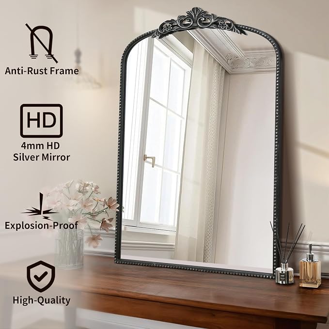 Micasso Bathroom Mirrors for Over Sink: 24"x36" Balck Vintage Arched Mirror | Traditional Ornate Baroque Decorative Antique Wall Mirror for Bedroom/Entryway/Hallway/Dresser/Vanity/Mantel/Nightstand