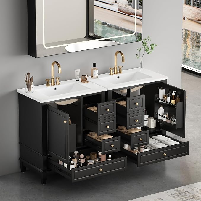 60 Inch Bathroom Vanity with Double Sink, 60 Double Sink Bathroom Vanity, Bathroom Vanity 60" Double Sink with 6 Drawers, 2 Cabinets and 2 Door with Shelves (Black)