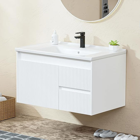 Floating Bathroom Vanity 32 Inch, Wall Mounted Bathroom Vanity with Ceramic Sink and 2 Drawers for Storage, Modern Wave-Carved Design Wooden Sink Cabinet, White