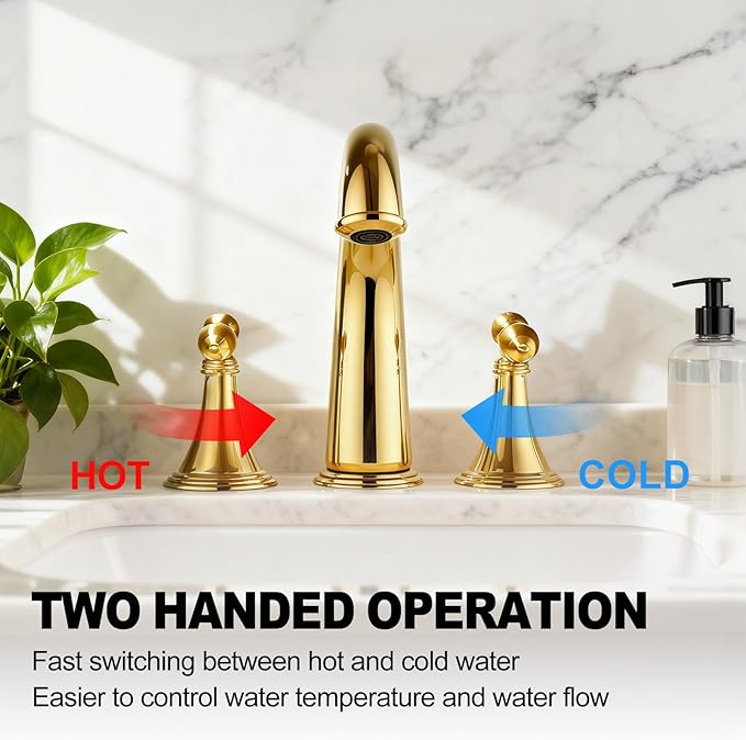 SaniteModar Polished Gold Bathroom Sink Faucet, Brass Widespread Faucet, 3 Hole, 2 Handles with Water Supply Lines and Pop-up Drain