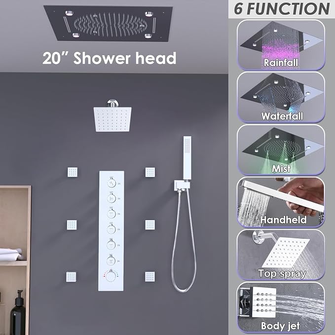 Enga Luxury Dual Shower Head System with Body Jets LED Thermostatic Shower System with 6 inch Wall Shower, 20-Inch 3 Function Shower Head (Rainfall & Mist & Waterfall), Chrome