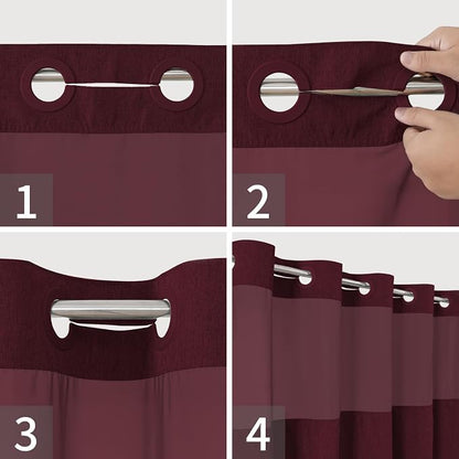 eachope No Hook Fabric Shower Curtain with Snap-in Liner,71x74 Burgundy | Linen Texture,230GSM Thick Fabric,Hotel Luxury Decor,Mesh Window,Bottom magnetic ,Waterproof & Machine Washable,for Bathroom