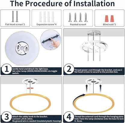 MOONSEA 16 Inch Flush Mount LED Ceiling Light Fixture 32W, 3200LM Dimmable 3000K/4000K/6500K 3 Color Selectable, Low Profile Ceiling Lamp for Kitchen Bedroom Hallway, Gold