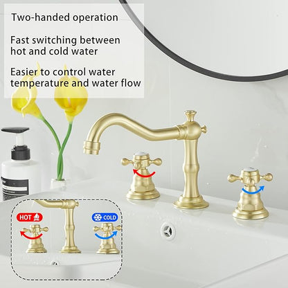 GGStudy Brushed Gold Bathroom Faucet 2 Handles 3 Holes Widespread Bathroom Sink Facuet Washingroom Faucet Mixer Tap wiith Pop Up Drain