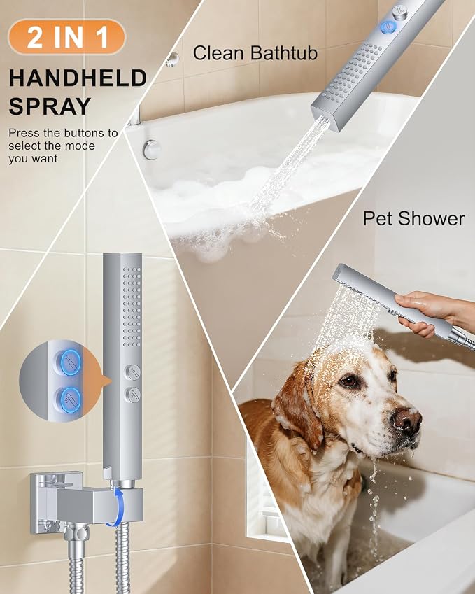 Chrome Shower System with Tub Spout, Wall Mounted Bathtub Shower Faucet Set, 12" Rainfall Shower Head and Handheld Shower Combo, High Pressure Shower Fixtures Set with Rough-in Valve